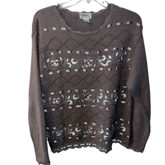 All Points by Reference Points Sweater M Grey Beaded Embroidered Ribbon Vintage - Picture 1 of 8